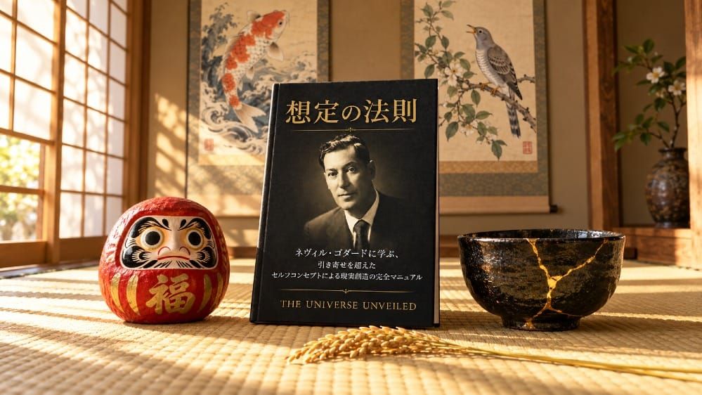 朝の光が差す和室の畳に、両目の入った赤いだるま、金継ぎの茶碗、稲わら、鯉とホトトギスの掛け軸が並び、中央に The Universe Unveiled 刊『想定の法則』