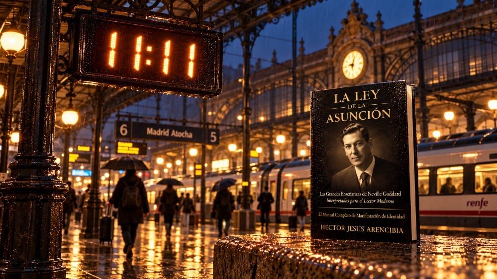 Un reloj de estación iluminado que marca las 11:11 sobre una calle de la ciudad mojada por la lluvia durante la noche, con el libro *La Ley de la Asunción* de The Universe Unveiled.