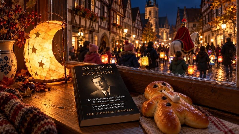 Das Buch Das Gesetz der Annahme mit Mondlaterne und Weckmann am Fenster, draußen ein Laternenumzug mit Sankt Martin zu Pferd