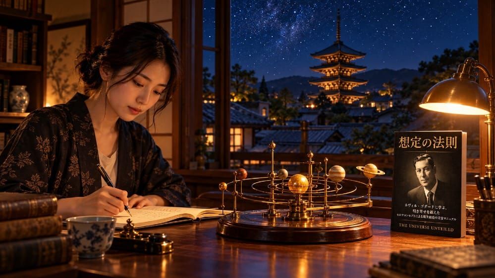 星空の京都の塔を背に、真鍮の太陽系儀と『想定の法則』の横でノートに書く女性