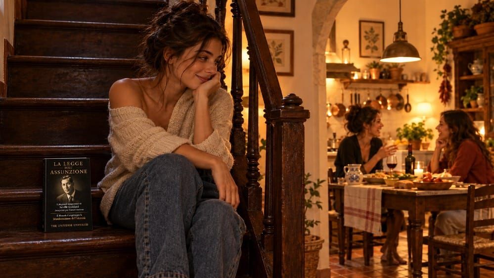 Una donna sorride sulle scale mentre origlia due amiche che parlano di lei in cucina, con La Legge dell’Assunzione accanto a lei