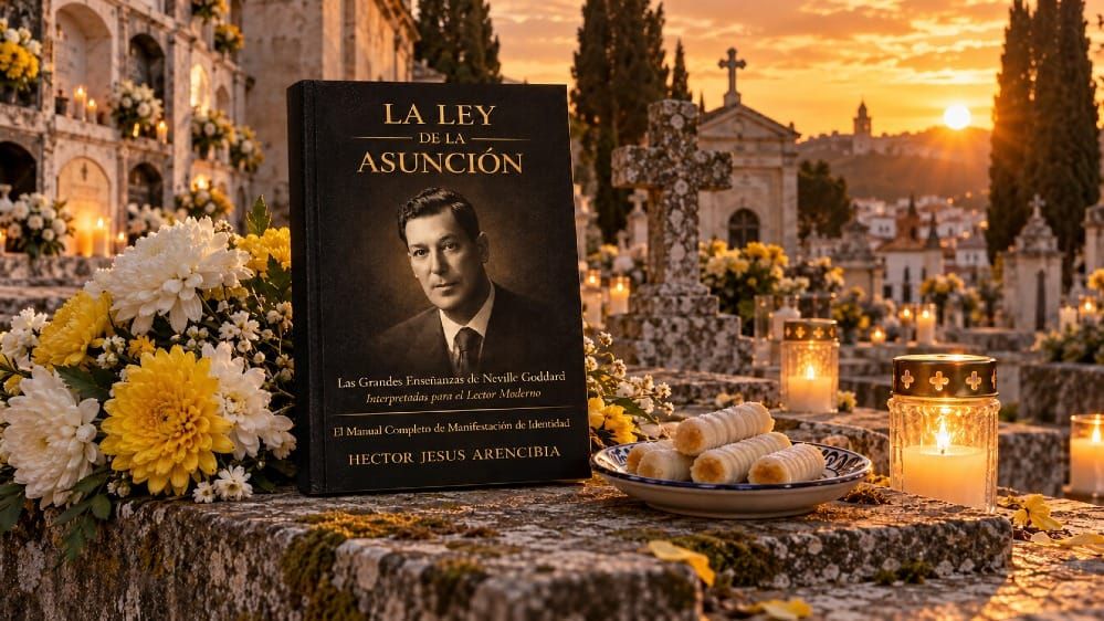 Crisantemos, velas, huesos de santo y el libro La Ley de la Asunción en un cementerio español al atardecer