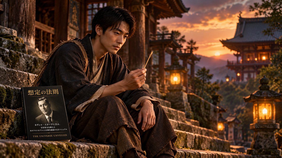 夕暮れの寺の苔むした石段に座り、一本のわらを見つめる若者と、そばに立てかけられた The Universe Unveiled 刊『想定の法則』— 昔話『わらしべ長者』のはじまりの場面