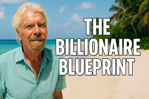 Richard Branson on Necker Island sharing his most inspiring business and life quotes, standing barefoot on the beach with turquoise Caribbean waters and palm trees behind him.