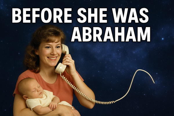 Young Esther Hicks before Abraham, holding a baby and talking on the phone.