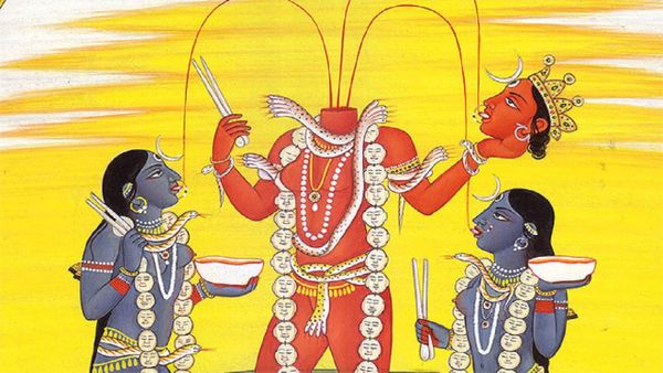 Chinnamastā Goddess depiction seated between attendants, symbolizing radical liberation, kundalini awakening, and the severing of old identities in Tantric tradition.