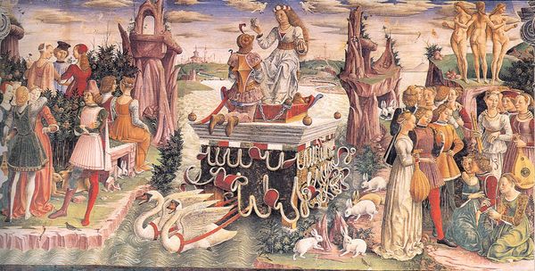 Allegory of April Triumph of Venus fresco representing subconscious wealth attraction and identity magnetism