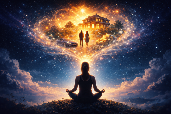 Mujer meditando mientras una escena luminosa emerge de su imaginación simbolizando la Ley de la Asunción y el poder de la mente para manifestar la realidad.
