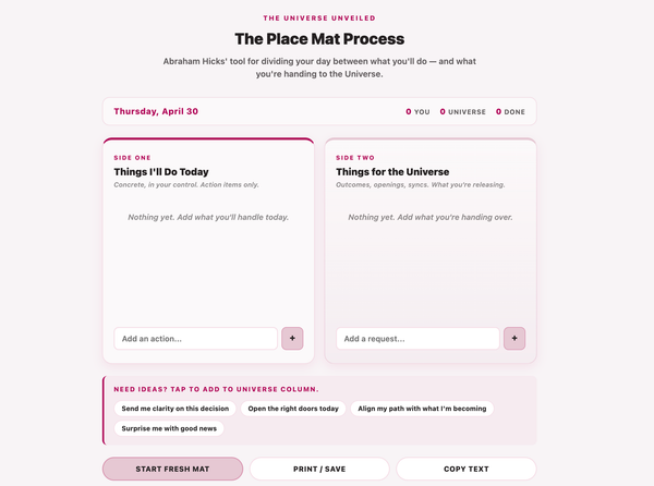 Abraham Hicks Place Mat Process two-column daily delegation tool for manifestation