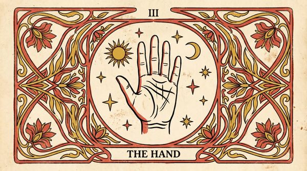 AI palm reading online — vintage tarot card illustration of an open hand with palm lines, sun, moon, and stars, for personalized palm readings at The Universe Unveiled