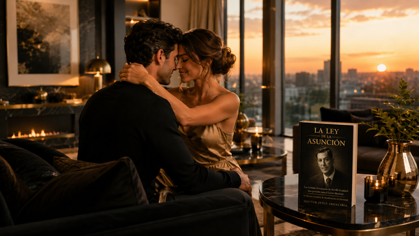 Pareja reconciliándose en un apartamento de lujo junto al libro La Ley de la Asunción para manifestar a tu ex con Neville Goddard