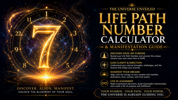 Glowing golden life path number on a dark cosmic background for The Universe Unveiled life path number calculator and manifestation guide.