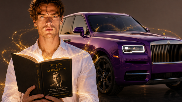 Man reading The Law of Assumption book by The Universe Unveiled as golden manifestation energy flows toward a luxury dream car.