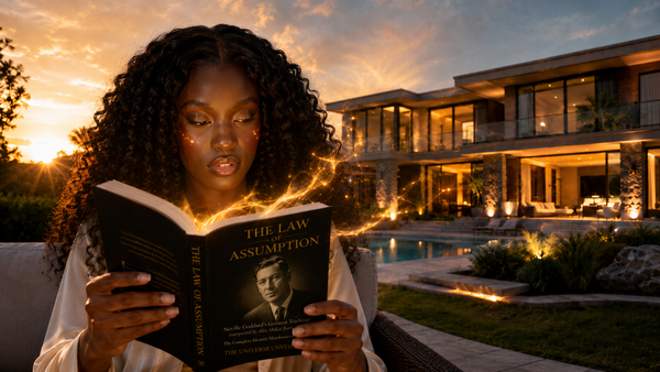 Woman reading The Law of Assumption book by The Universe Unveiled as golden manifestation energy flows toward a luxury dream home.