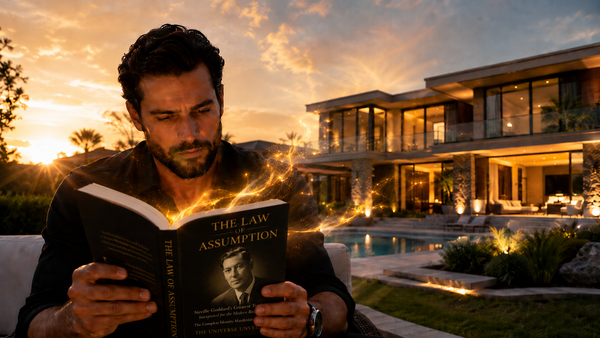 Man reading The Law of Assumption book by The Universe Unveiled as golden manifestation energy flows toward a luxury dream home.