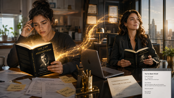 Woman uses The Law of Assumption book by The Universe Unveiled to manifest career success, moving from job search stress to being hired in a luxury office.