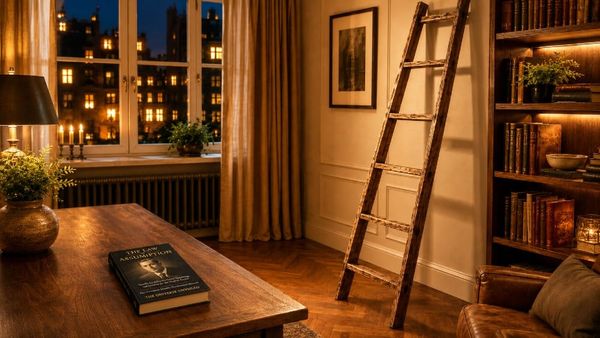 Neville Goddard Ladder Method scene with a wooden ladder, The Law of Assumption book, and a luxury study representing imaginal acts