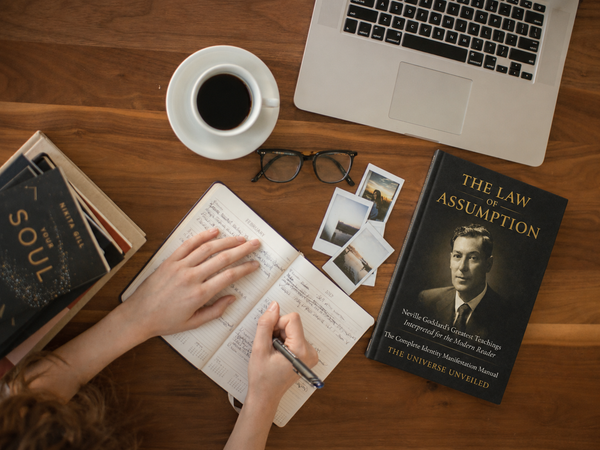 Person practicing Neville Goddard manifestation scripting in a journal next to The Law of Assumption book — applying mental conversations on the page to install a new self-concept