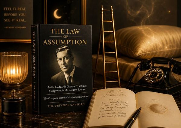 Luxury black and gold Law of Assumption book beside a ladder, journal, and vintage telephone representing Neville Goddard methods