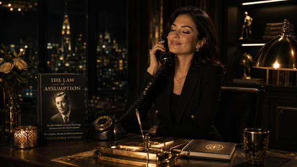 Neville Goddard Telephone Technique scene with The Law of Assumption book and a fulfilled phone call in a luxury office