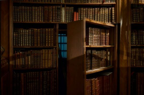 Hidden door in library shelf symbolizing Neville Goddard whisper method and subconscious assumption change