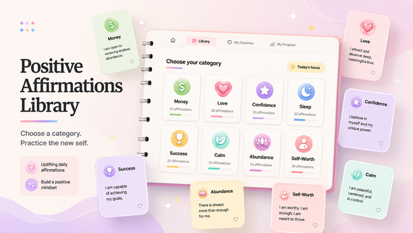 Positive affirmations library with colorful affirmation cards for money, love, confidence, sleep, success, abundance, and identity reprogramming