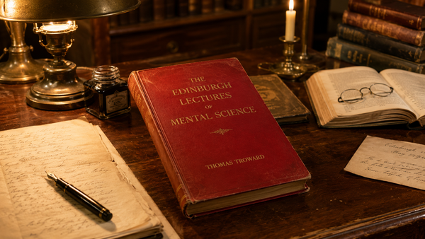 Red book titled The Edinburgh Lectures of Mental Science by Thomas Troward on an early 1900s writing desk with antique papers, ink, and warm candlelight.