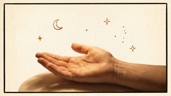 A young woman's open palm held upward beneath a crescent moon and scattered stars, illustrated in vintage zine style, for a guide to what the lines on your palm mean at The Universe Unveiled