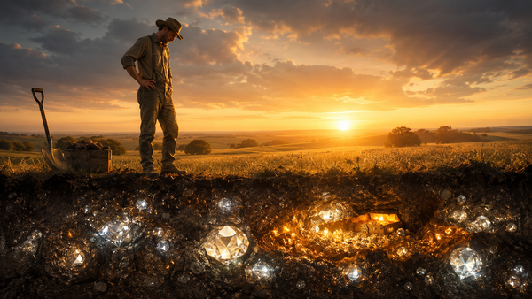 A man standing on ordinary land at sunset while hidden diamonds glow beneath the soil, symbolizing Russell Conwell’s Acres of Diamonds teaching.
