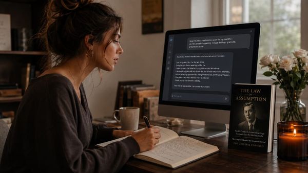Woman sing an AI chat interface to write manifestation scripts beside an open journal.