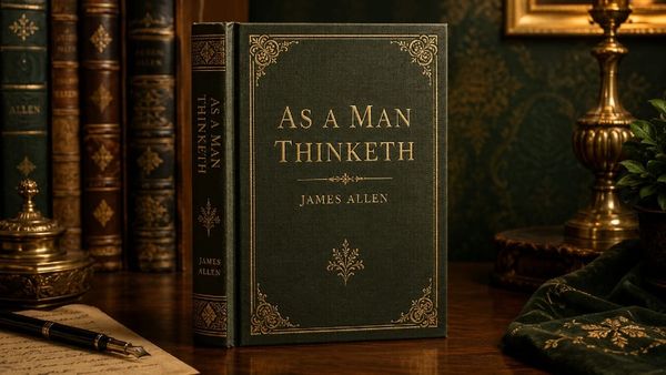 Vintage edition of James Allen's As a Man Thinketh set against a dark green and gold background