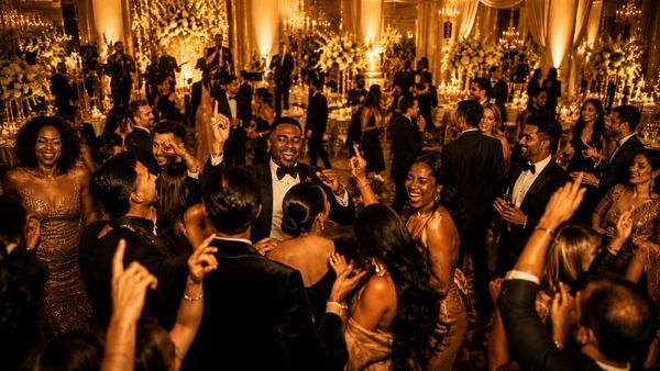Joyful packed wedding dance floor in warm golden light manifested through the Law of Assumption