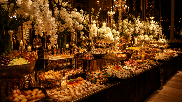 Abundant wedding feast table in warm golden light manifested through the Law of Assumption
