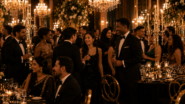 Wedding guests celebrating together in warm golden light, manifested through the Law of Assumption, black and gold