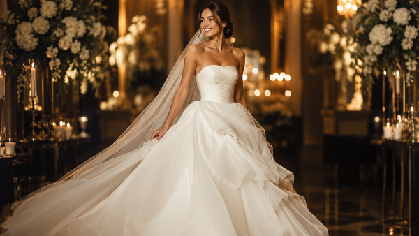 Bride in a flowing gown in soft golden light manifesting the perfect wedding dress