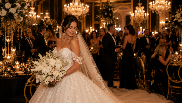 Bride in soft golden light at a dream wedding manifested through the Law of Assumption, black and gold