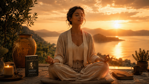 Femme en méditation tranquille au coucher du soleil, symbolisant l'identité intérieure depuis laquelle on manifeste une personne spécifique selon la doctrine de Neville Goddard.
