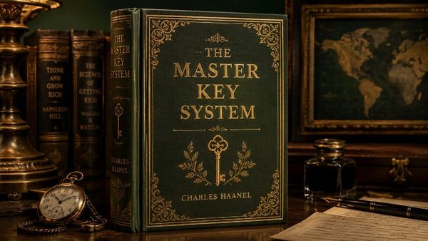 Vintage edition of Charles Haanel's The Master Key System set against a dark green and gold background