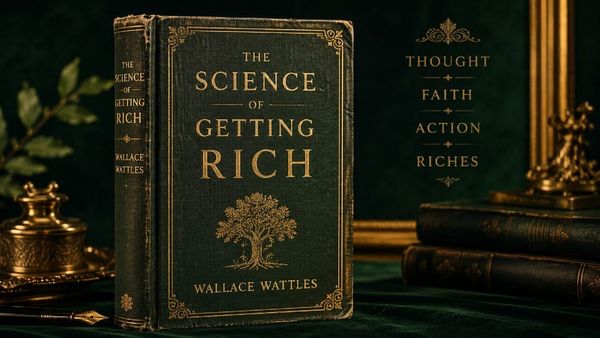 Vintage edition of Wallace Wattles' The Science of Getting Rich set against a dark green and gold background