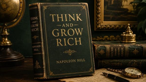 Vintage copy of Napoleon Hill's Think and Grow Rich set against a dark green and gold background