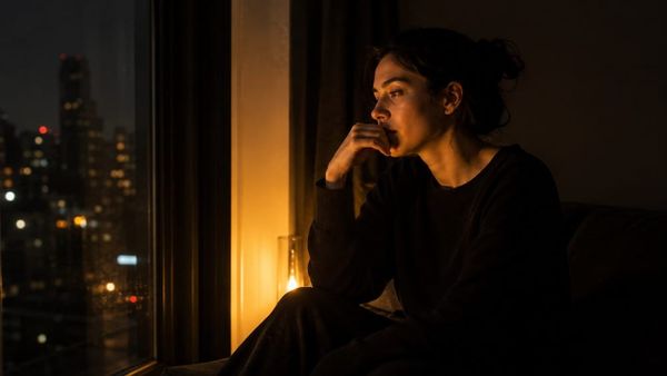 Person sitting in quiet reflection at night wondering why their manifestation is not working, gold light against black