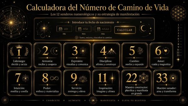 Calculadora del número de camino de vida con fondo negro y dorado mostrando los doce senderos numerológicos y su estrategia de manifestación