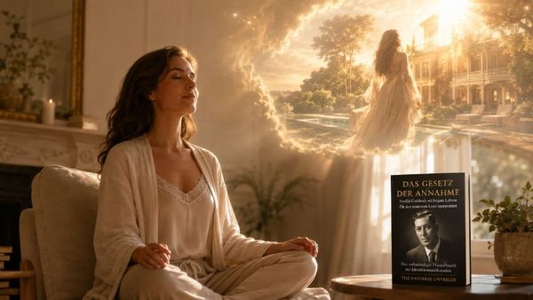 Frau in Meditation, während eine leuchtende Szene aus ihrer Imagination entsteht — Symbol für das Gesetz der Annahme und die Kraft des Geistes, die Realität zu manifestieren