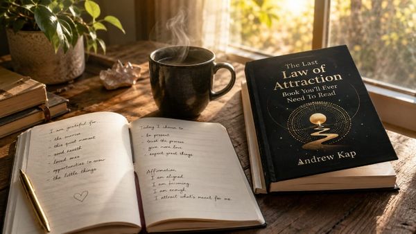 Open gratitude journal beside a black coffee at first light — a deep reading of The Last Law of Attraction Book You'll Ever Need To Read by Andrew Kap