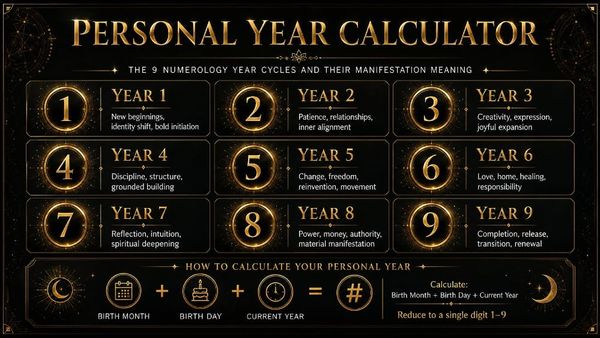 Personal year calculator in black and gold showing the nine numerology year cycles and their manifestation meaning