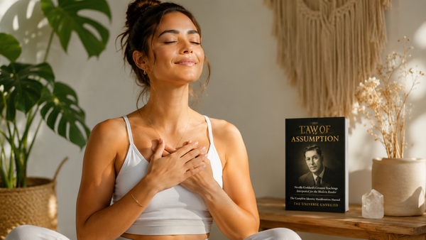 Woman meditating beside The Law of Assumption book, symbolizing signs your manifestation is coming.