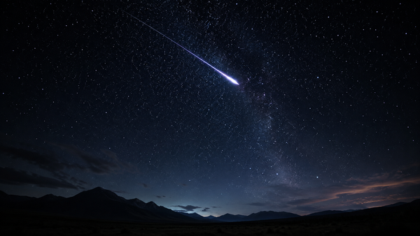 Une étoile filante des Perséides traverse le ciel nocturne d'août au-dessus d'un horizon sombre, image du vœu imprimé à l'intérieur plutôt que lancé vers l'extérieur