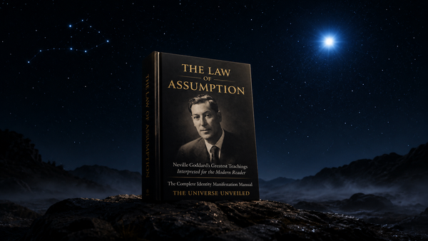 The Law of Assumption by The Universe Unveiled, book cover beneath Sirius in the Leo night sky