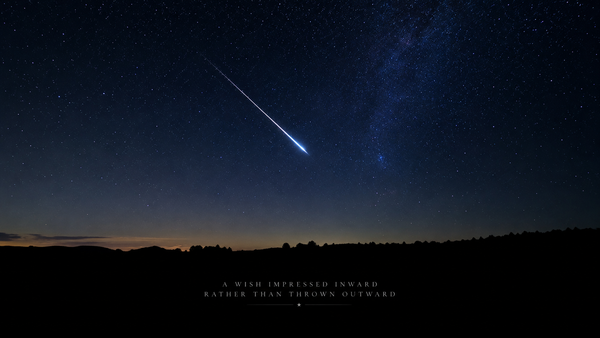 A Perseid meteor streaking across a dark August sky above a black horizon, symbol of a wish impressed inward rather than thrown outward