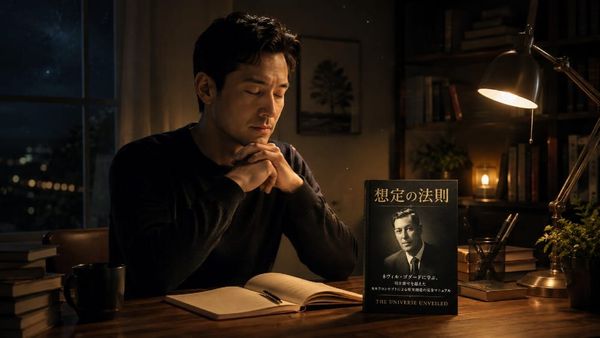 夜の机の前で目を閉じ、静かに一日を振り返る人物 — 記憶の刻印を書き換えるリビジョンの実践を表すイメージ